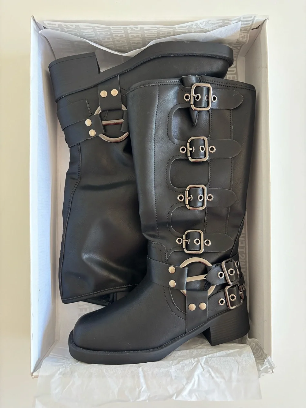 Brand New Black leather buckle boots